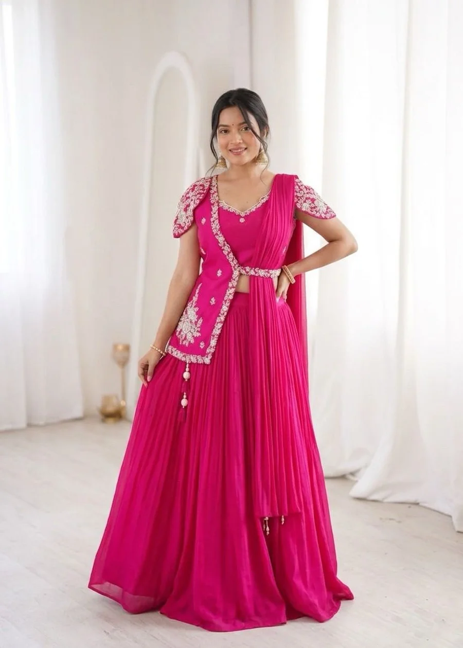 FANCY CHINON PLAIN LEHENGA WITH EMBROIDERY SEQUENCE WORK BLOUSE WITH JACKET PARTY WEAR WHOLESALE PRICE ETHNIC GARMENT (4)