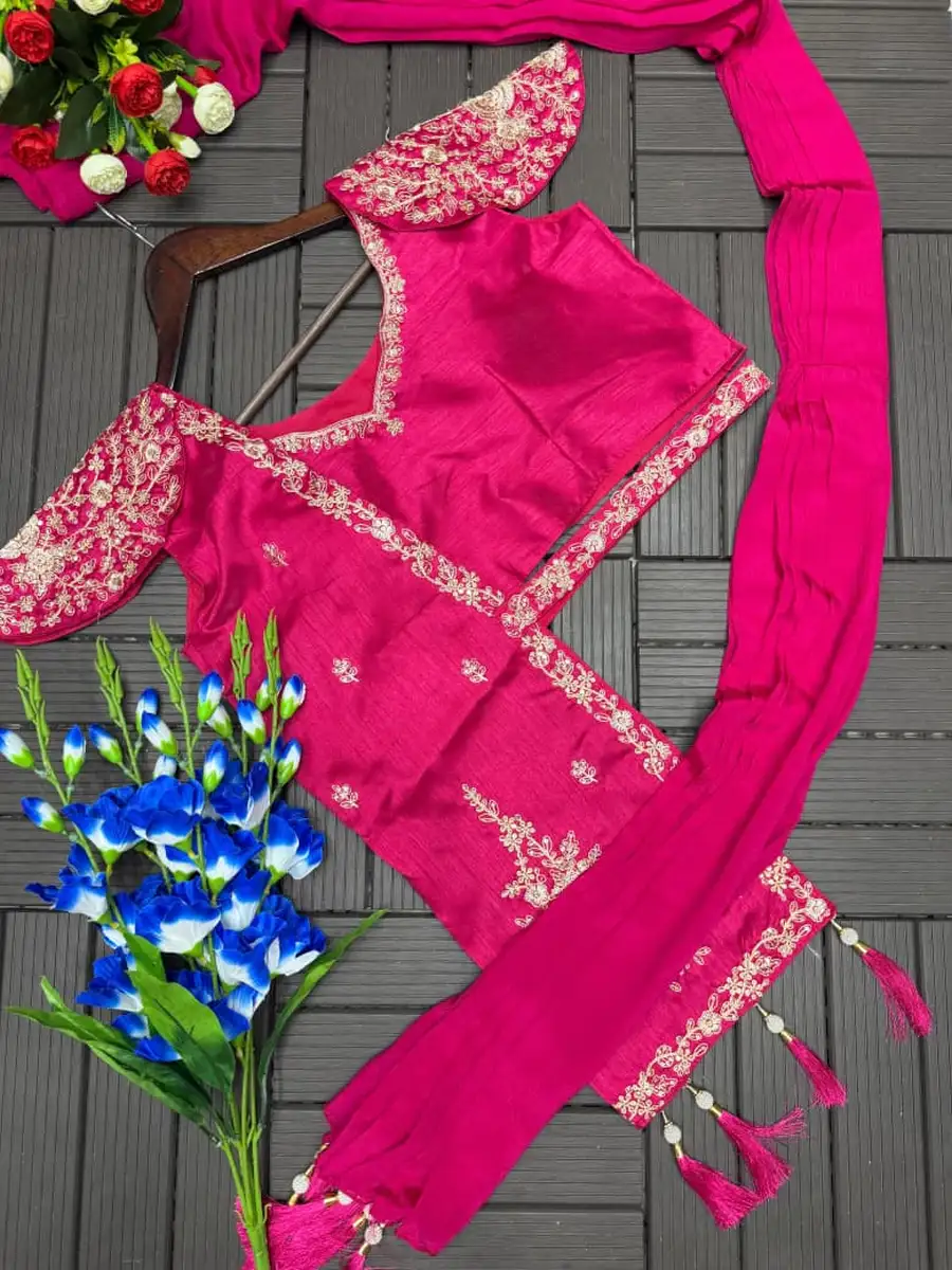 FANCY CHINON PLAIN LEHENGA WITH EMBROIDERY SEQUENCE WORK BLOUSE WITH JACKET PARTY WEAR WHOLESALE PRICE ETHNIC GARMENT (6)