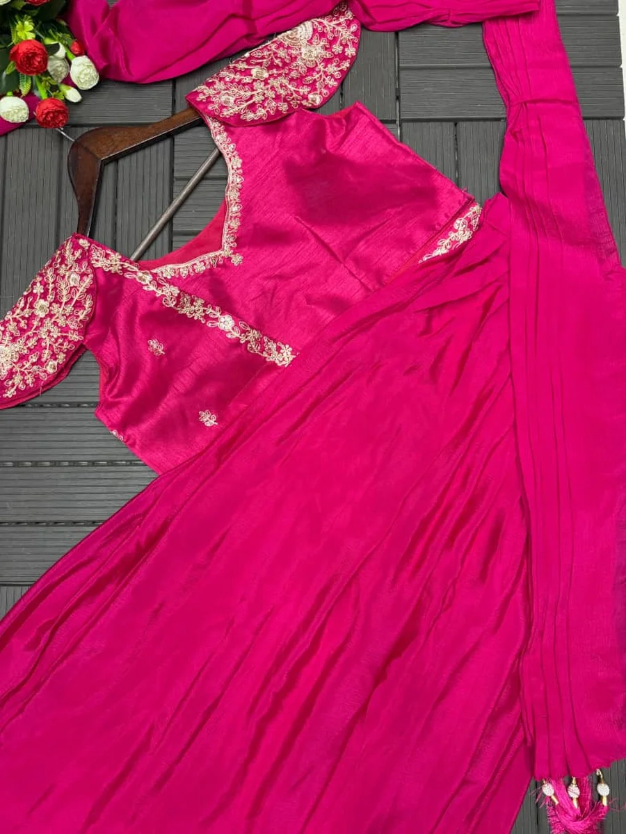FANCY CHINON PLAIN LEHENGA WITH EMBROIDERY SEQUENCE WORK BLOUSE WITH JACKET PARTY WEAR WHOLESALE PRICE ETHNIC GARMENT (7)