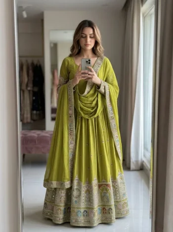 FANCY CHINON SILK EMBROIDERY CODING DORI AND SEQUENCE WORK GOWN BOTTOM WITH DUPATTA PARROT GREEN