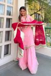 FANCY CHINON SILK SEQUENCE AND MULTI ZARI THREAD EMBROIDERY WORK TOP PALAZZO WITH DUPATTA BABY PINK