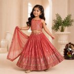 FANCY CHINON SILK SEQUENCE EMBROIDERY WORK KID'S LEHENGA CHOLI WITH DUPATTA GAJARI