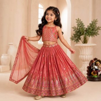 FANCY CHINON SILK SEQUENCE EMBROIDERY  WORK KID'S LEHENGA CHOLI WITH DUPATTA GAJARI
