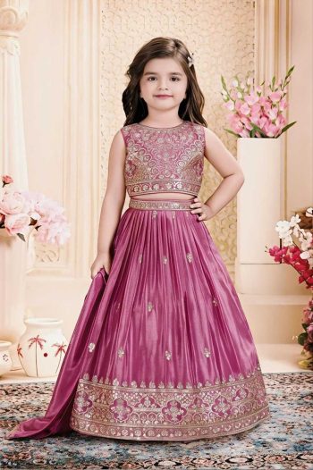 FANCY CHINON SILK SEQUENCE EMBROIDERY  WORK KID'S LEHENGA CHOLI WITH DUPATTA BABY PINK
