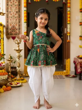 FANCY COTTON BLEND DIGITAL PRINT WORK KID'S TOP PENT SET GREEN
