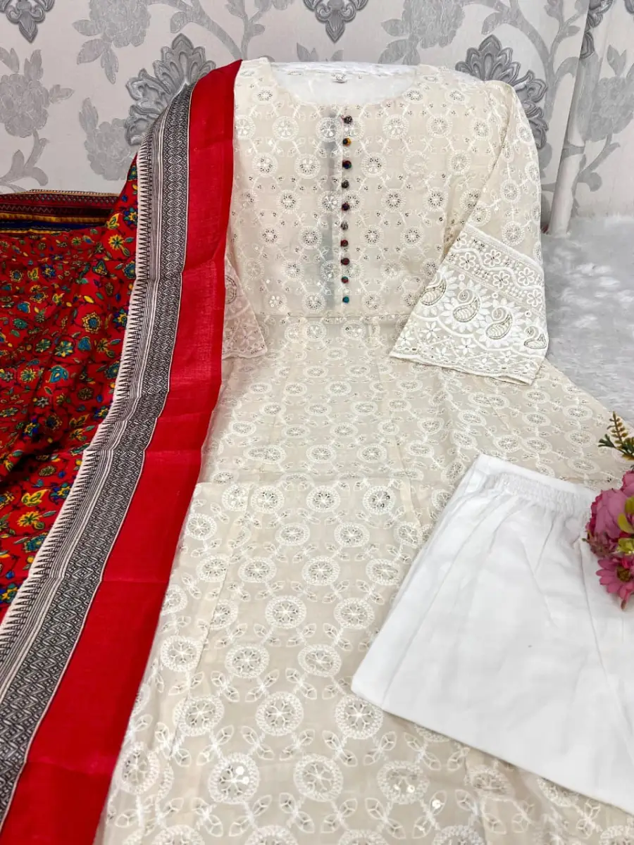 FANCY COTTON CHIKANKARI WORK TOP BOTTOM WITH DUPATTA FESTIVE WEAR WHOLESALE PRICE ETHNIC GARMENT (7)