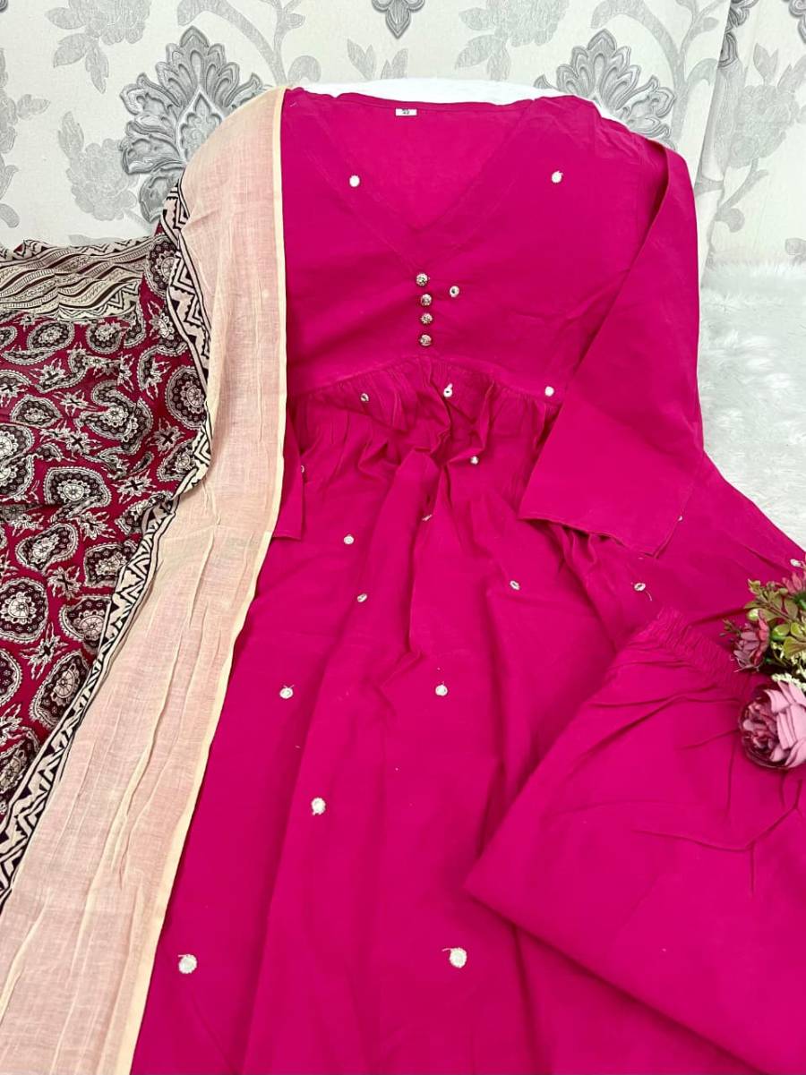 FANCY COTTON EMBROIDERY WORK TOP BOTTOM WITH DUPATTA FESTIVE WEAR WHOLESALE PRICE ETHNIC GARMENT (8)