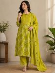 FANCY COTTON MULTI EMBROIDERY THREAD WITH HAND WORK TOP BOTTOM WITH DUPATTA PARROT GREEN