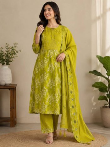 FANCY COTTON MULTI EMBROIDERY THREAD WITH HAND WORK TOP BOTTOM WITH DUPATTA PARROT GREEN