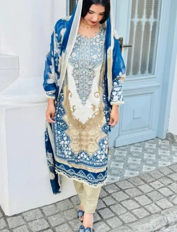 FANCY COTTON PRINT WITH EMBROIDERY SEQUENCE WORK TOP BOTTOM WITH DUPATTA BLUE