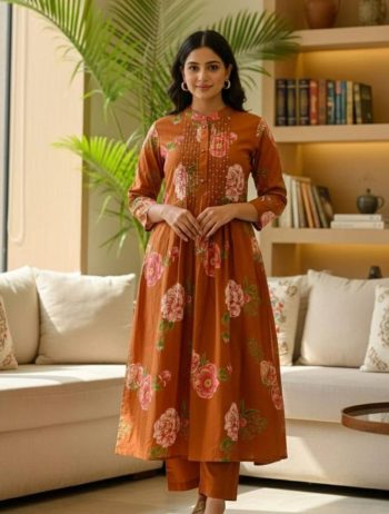 FANCY COTTON PRINT WORK CO-ORD SET ORANGE