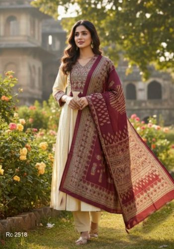 FANCY COTTON PRINT WORK TOP BOTTOM WITH DUPATTA OFF WHITE AND MAROON