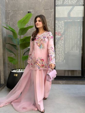 FANCY CREPE SILK SEQUENCE EMBROIDERY WITH BORDER LACE WORK TOP PATIYALA WITH DUPATTA BABY PINK