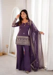 FANCY CRUNCHY SILK EMBROIDERY SEQUENCE AND JARI WORK TOP PALAZZO WITH DUPATTA PURPLE