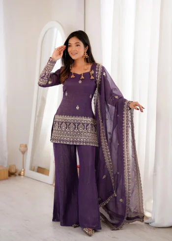 FANCY CRUNCHY SILK EMBROIDERY SEQUENCE AND JARI WORK TOP PALAZZO WITH DUPATTA PURPLE