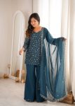 FANCY CRUNCHY SILK EMBROIDERY SEQUENCE AND JARI WORK TOP PALAZZO WITH DUPATTA TEAL