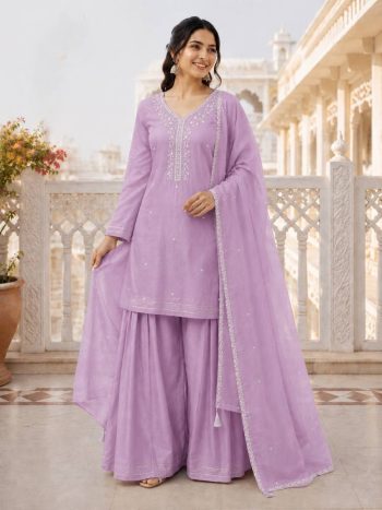 FANCY CRUNCHY SILK EMBROIDERY SEQUENCE WORK TOP PALAZZO WITH DUPATTA LAVENDER