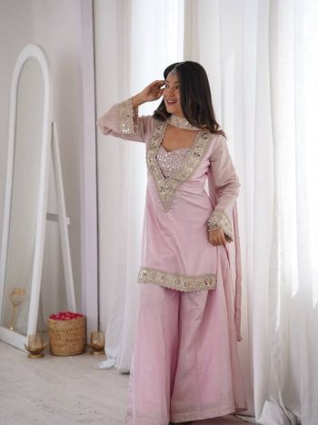 FANCY GEORGETTE CODING WITH REAL MIRROR EMBROIDERY WORK TOP TUBE BLOUSE WITH PALAZZO WITH DUPATTA LAVENDER