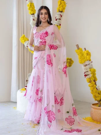 FANCY GEORGETTE DIGITAL PRINT & 3 LAYER RUFFLE WORK LEHENGA SAREE WITH BLOUSE AND ATTACHED DUPATTA BABY PINK