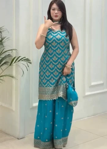 FANCY GEORGETTE EMBROIDERY AND SEQUENCE WORK WITH HANGING LATKAN WORK TOP PALAZZO WITH DUPATTA RAMA