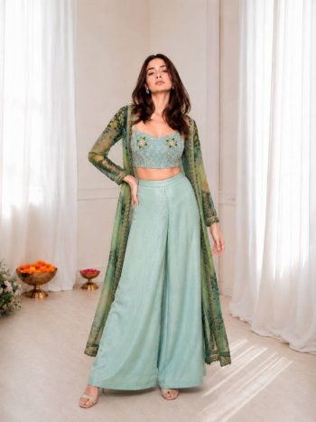 FANCY GEORGETTE EMBROIDERY CODING WORK SHRUG BLOUSE WITH PALAZZO SET GREEN