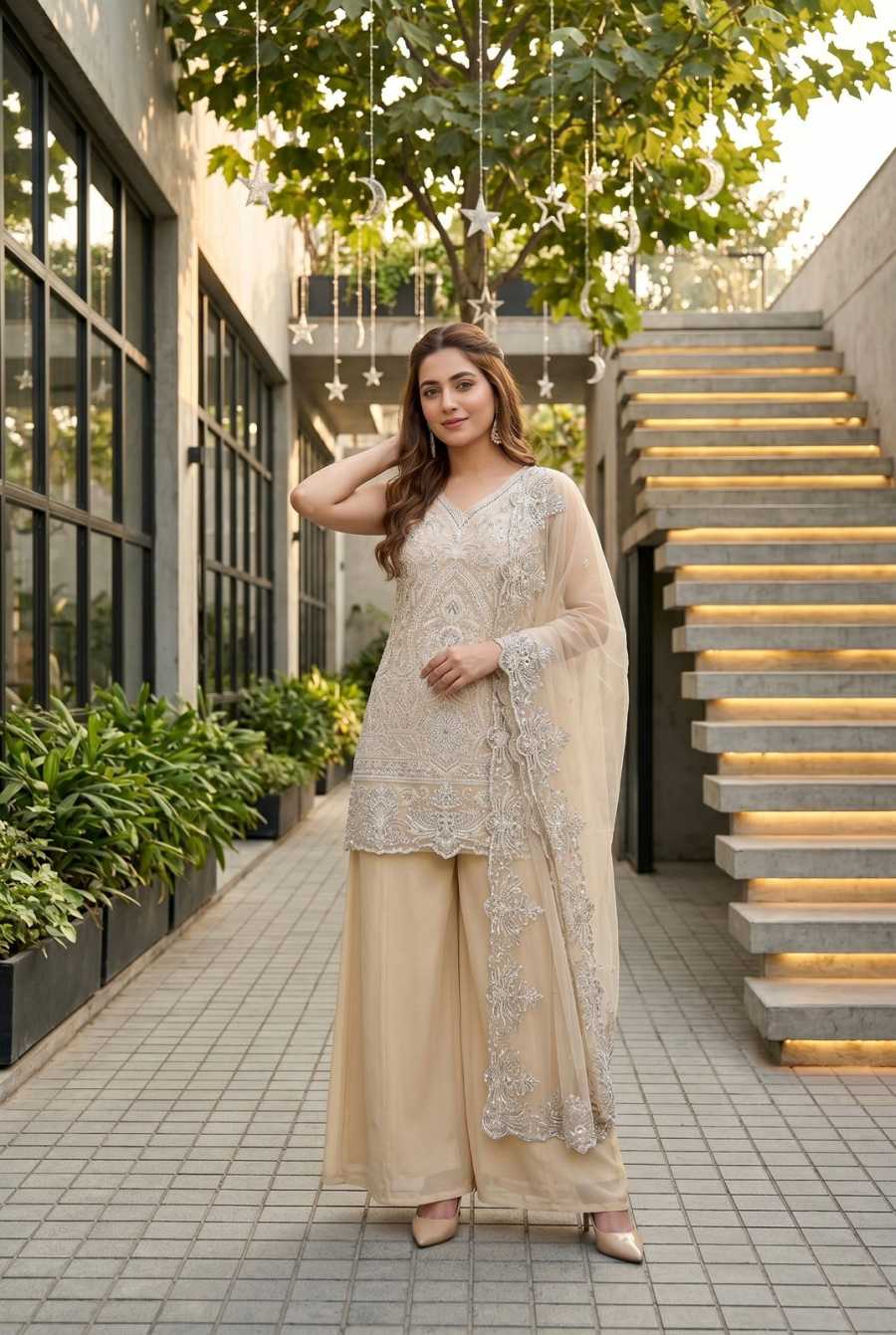 FANCY GEORGETTE EMBROIDERY SEQUENCE PEARL HAND WORK TOP PALAZZO WITH DUPATTA FESTIVE WEAR WHOLESALE PRICE ETHNIC GARMENT (5)