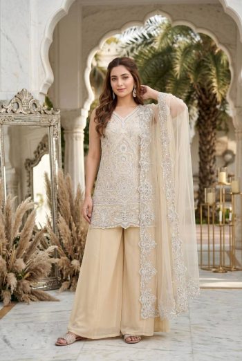 FANCY GEORGETTE EMBROIDERY SEQUENCE PEARL HAND WORK TOP PALAZZO WITH DUPATTA CREAM