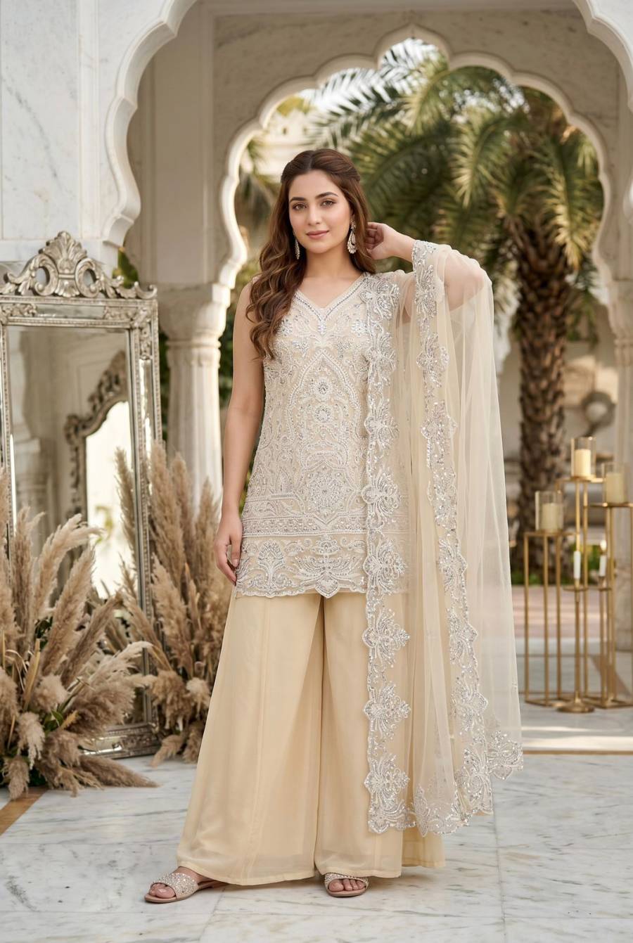 FANCY GEORGETTE EMBROIDERY SEQUENCE PEARL HAND WORK TOP PALAZZO WITH DUPATTA FESTIVE WEAR WHOLESALE PRICE ETHNIC GARMENT (6)