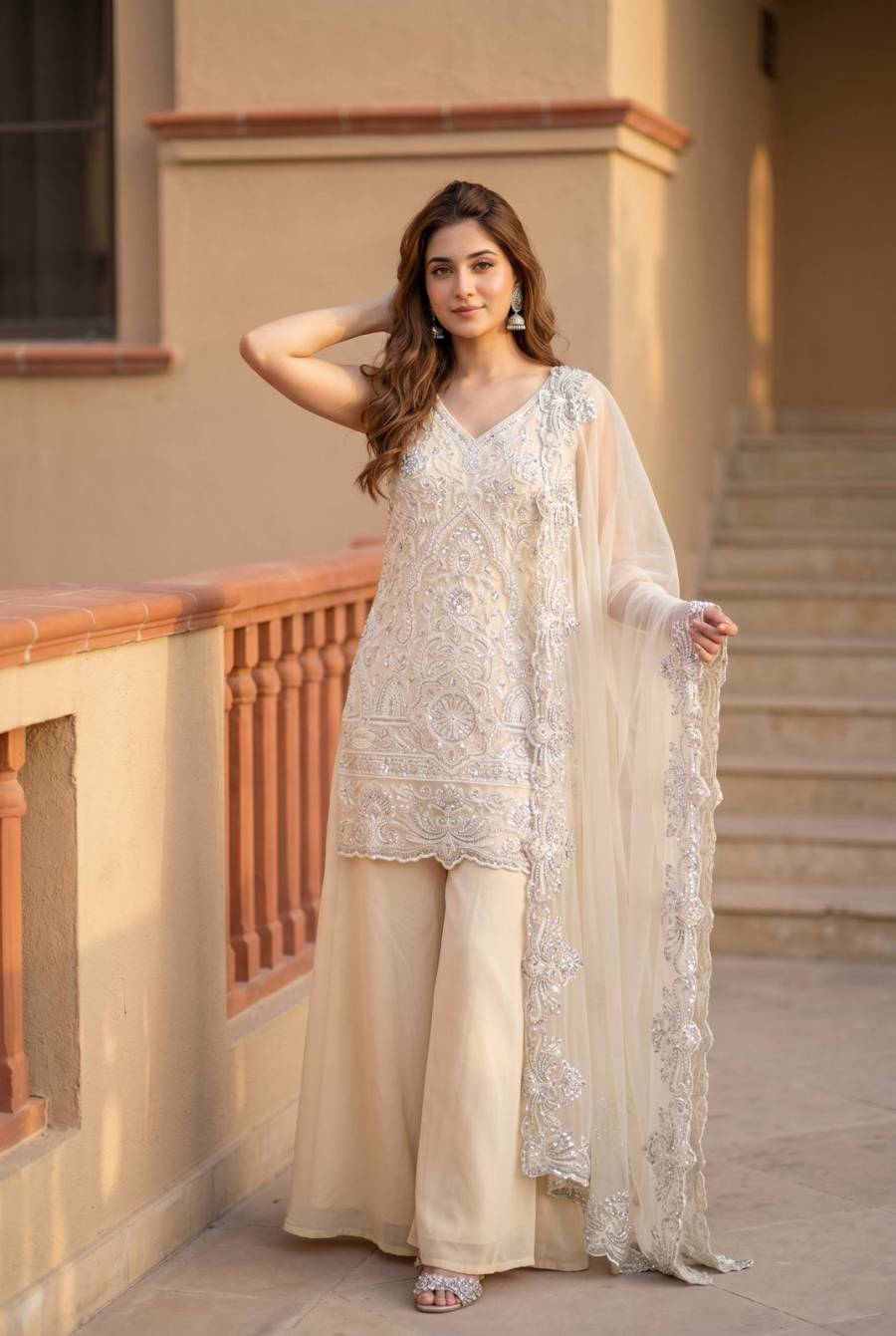 FANCY GEORGETTE EMBROIDERY SEQUENCE PEARL HAND WORK TOP PALAZZO WITH DUPATTA FESTIVE WEAR WHOLESALE PRICE ETHNIC GARMENT (7)
