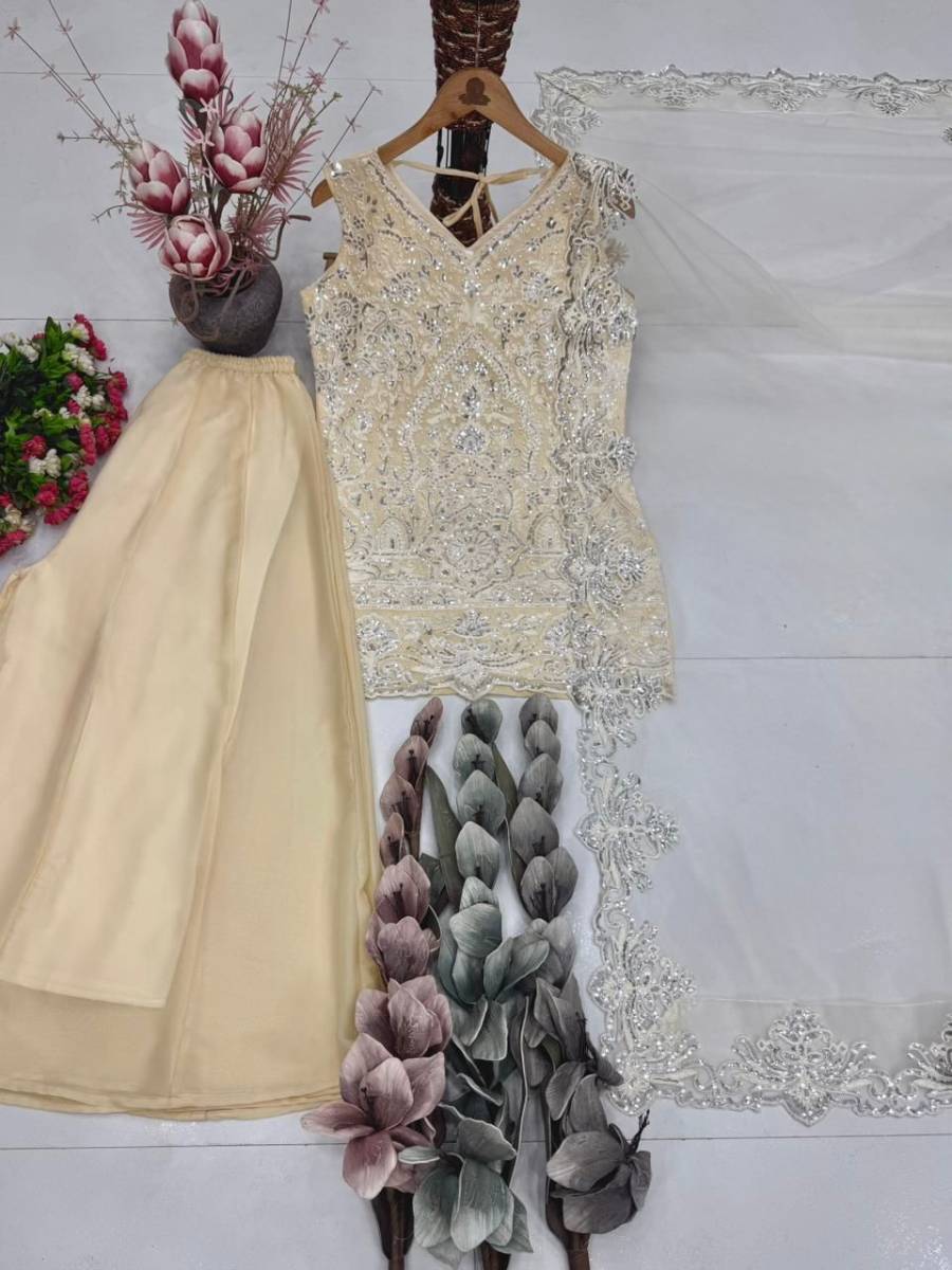 FANCY GEORGETTE EMBROIDERY SEQUENCE PEARL HAND WORK TOP PALAZZO WITH DUPATTA FESTIVE WEAR WHOLESALE PRICE ETHNIC GARMENT (8)