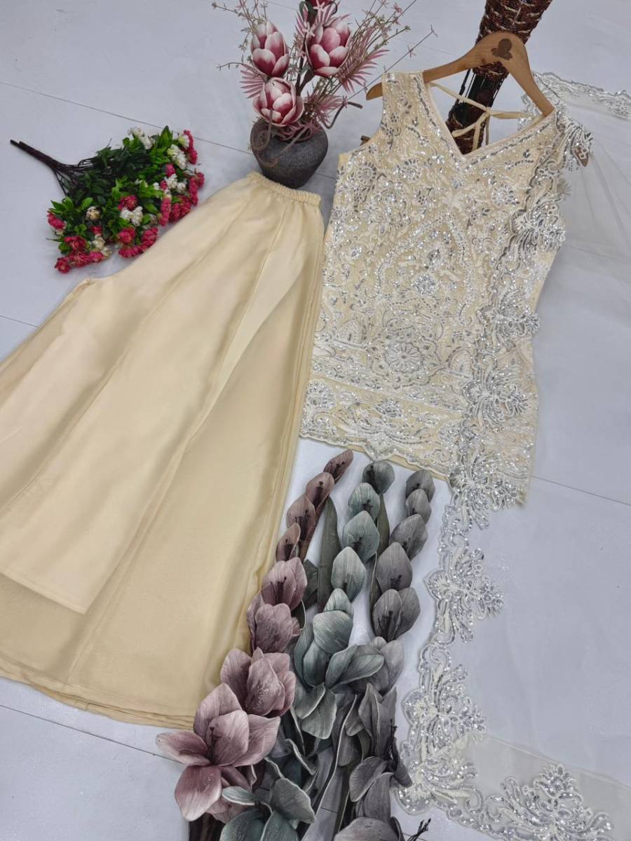 FANCY GEORGETTE EMBROIDERY SEQUENCE PEARL HAND WORK TOP PALAZZO WITH DUPATTA FESTIVE WEAR WHOLESALE PRICE ETHNIC GARMENT (9)