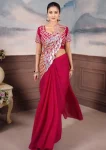 FANCY GEORGETTE EMBROIDERY SEQUENCE WORK READY TO WEAR SAREE WITH STITCHED BLOUSE PINK