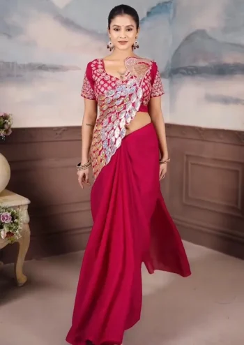 FANCY GEORGETTE EMBROIDERY SEQUENCE WORK READY TO WEAR SAREE WITH STITCHED BLOUSE PINK