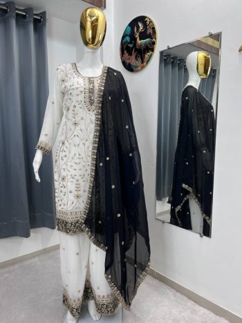 FANCY GEORGETTE EMBROIDERY SEQUENCE WORK TOP PALAZZO WITH DUPATTA BLACK