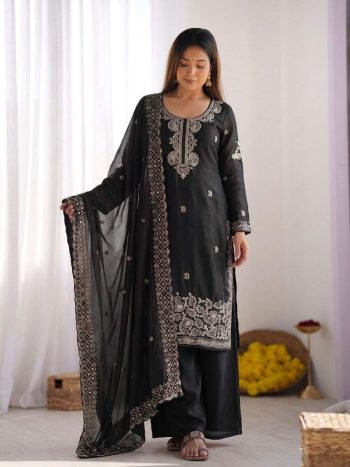 FANCY GMY SILK EMBROIDERY BEADS WORK TOP PALAZZO WITH DUPATTA BLACK