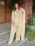 FANCY JAPAN SATIN SILK EMBROIDERY 3 MM SEQUENCE WORK TOP PATIYALA WITH DUPATTA LIGHT YELLOW