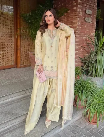 FANCY JAPAN SATIN SILK EMBROIDERY 3 MM SEQUENCE WORK TOP PATIYALA WITH DUPATTA LIGHT YELLOW