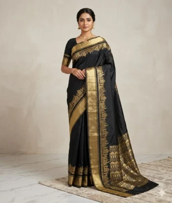 FANCY LICHI SILK WEAVING WORK SAREE WITH UNSTITCHED BLOUSE BLACK
