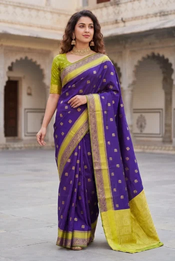 FANCY LICHI SILK WEAVING WORK SAREE WITH UNSTITCHED BLOUSE PURPLE