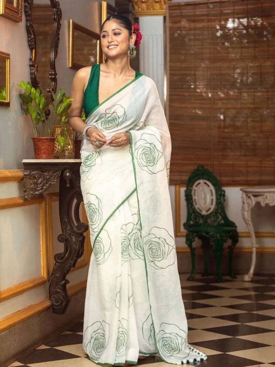 FANCY LINEN COTTON FLOWERS DIGITAL PRINTED WORK SAREE WITH UNSTITCHED BLOUSE FESTIVE WEAR WHOLESALE PRICE ETHNIC GARMENT (10)