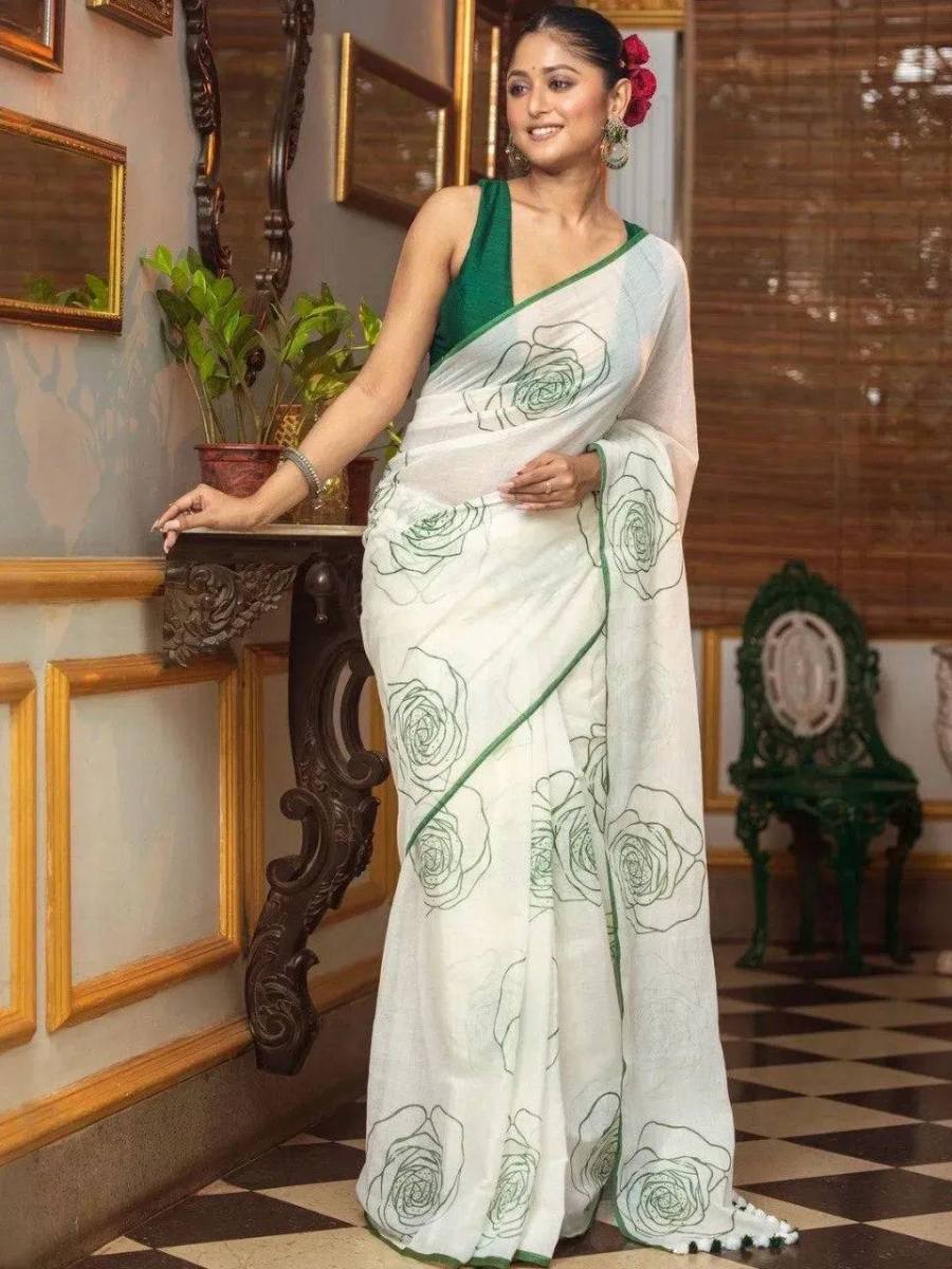 FANCY LINEN COTTON FLOWERS DIGITAL PRINTED WORK SAREE WITH UNSTITCHED BLOUSE FESTIVE WEAR WHOLESALE PRICE ETHNIC GARMENT (11)