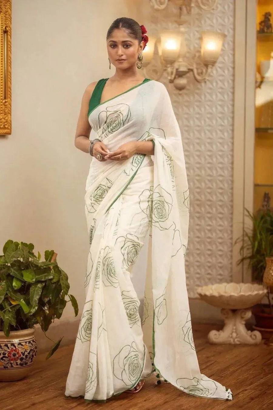 FANCY LINEN COTTON FLOWERS DIGITAL PRINTED WORK SAREE WITH UNSTITCHED BLOUSE FESTIVE WEAR WHOLESALE PRICE ETHNIC GARMENT (13)