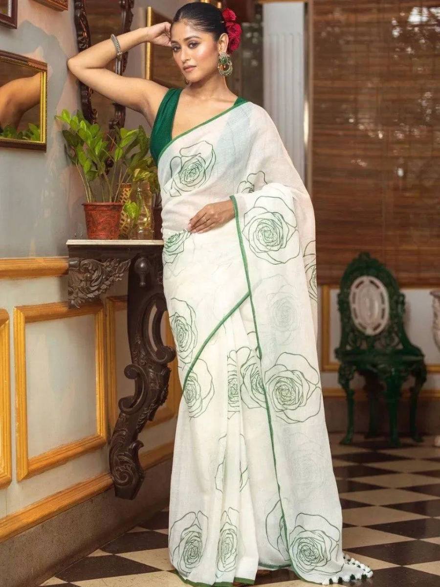 FANCY LINEN COTTON FLOWERS DIGITAL PRINTED WORK SAREE WITH UNSTITCHED BLOUSE FESTIVE WEAR WHOLESALE PRICE ETHNIC GARMENT (15)