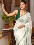 FANCY LINEN COTTON FLOWERS DIGITAL PRINTED WORK SAREE WITH UNSTITCHED BLOUSE FESTIVE WEAR WHOLESALE PRICE ETHNIC GARMENT (15)