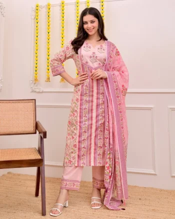 FANCY MORGAN SILK DIGITAL PRINT WORK TOP BOTTOM WITH DUPATTA BABY PINK