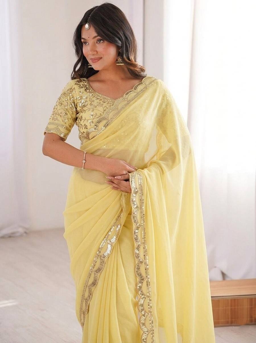 FANCY MOSS CHIFFON SEQUENCE LACE BORDER WORK SAREE WITH UNSTITCHED BLOUSE PARTY WEAR WHOLESALE PRICE ETHNIC GARMENT (3)