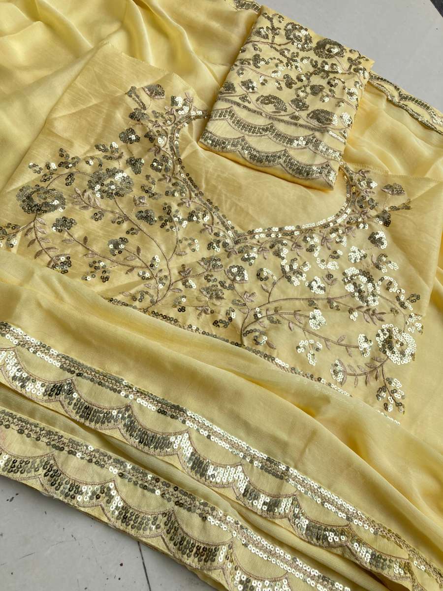 FANCY MOSS CHIFFON SEQUENCE LACE BORDER WORK SAREE WITH UNSTITCHED BLOUSE PARTY WEAR WHOLESALE PRICE ETHNIC GARMENT (6)