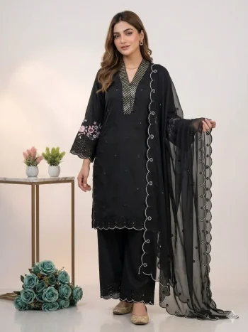 FANCY MUL CHANDERI SEQUENCE EMBROIDERY WITH CUT WORK TOP PALAZZO WITH DUPATTA BLACK