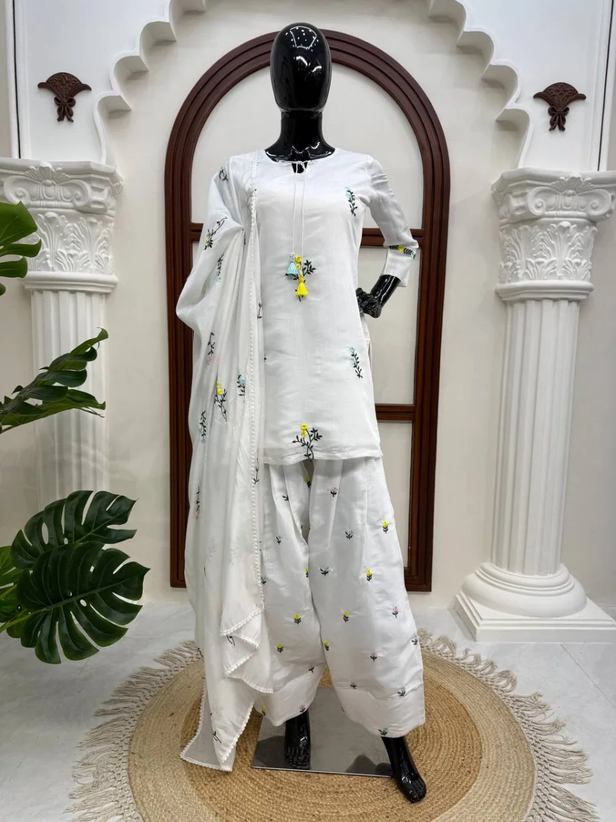 FANCY MUL CHANDERI THREAD WORK TOP PATIYALA WITH DUPATTA FESTIVE WEAR WHOLESALE PRICE ETHNIC GARMENT (2)