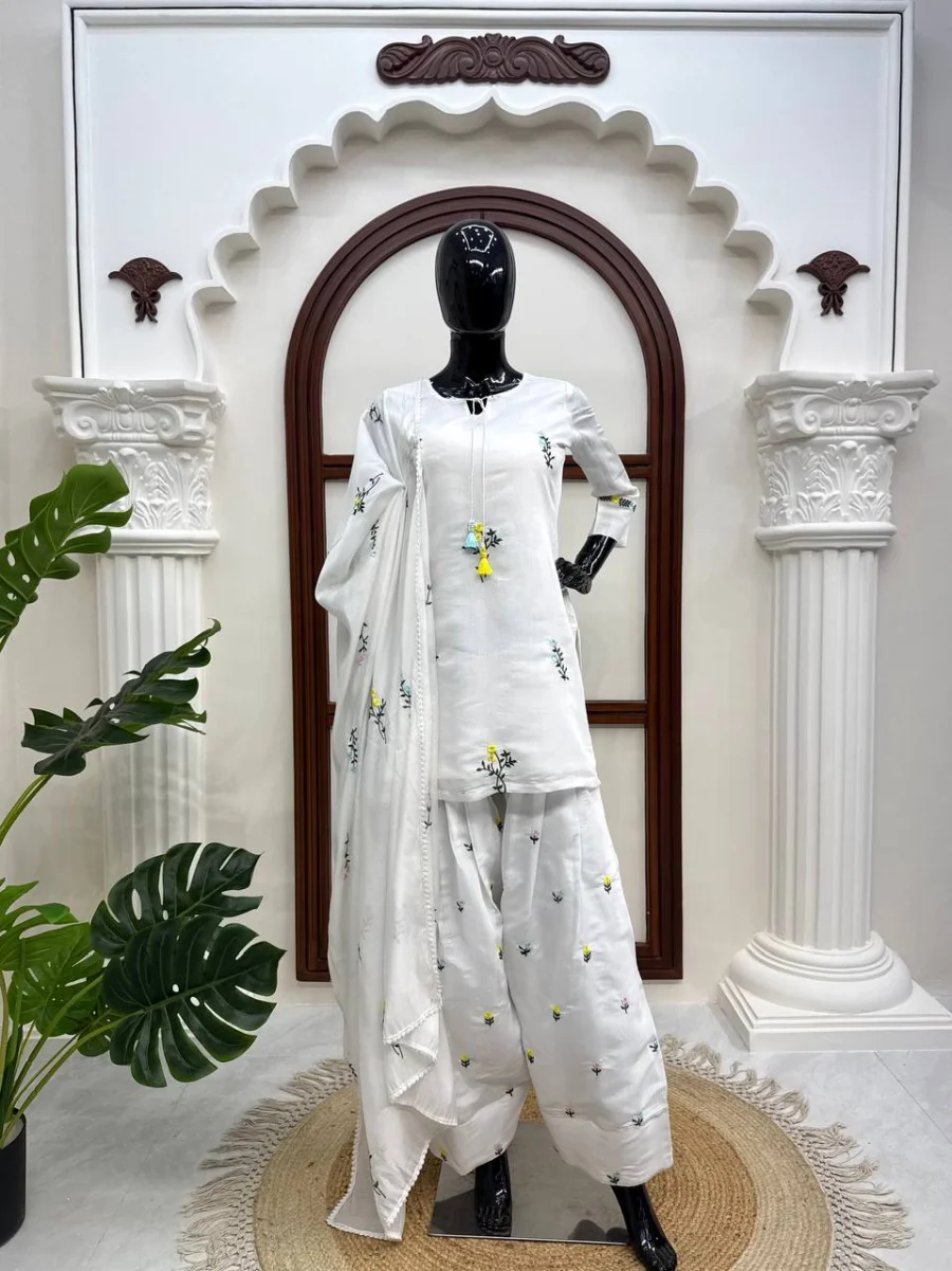 FANCY MUL CHANDERI THREAD WORK TOP PATIYALA WITH DUPATTA FESTIVE WEAR WHOLESALE PRICE ETHNIC GARMENT (3)